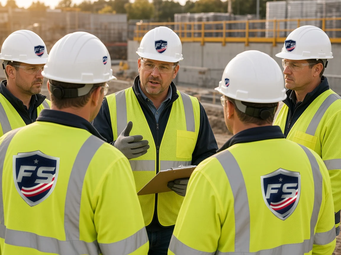 A foreman in a hard hat and safety glasses leading a morning toolbox talk with his crew beside a guarded foundation